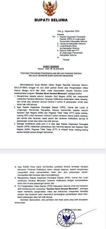 Bupati  Seluma Terbitkan Surat Edaran Gerakan Bumi Serawai Menanam