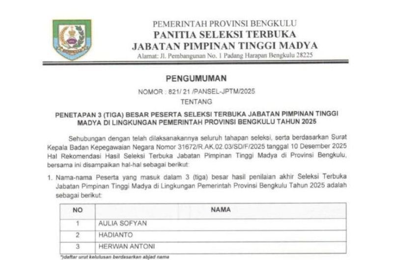 Ini Dia  3 Besar Peserta yang Lolos Tahap Akhir Seleksi  Terbuka JPTM Provinsi Bengkulu