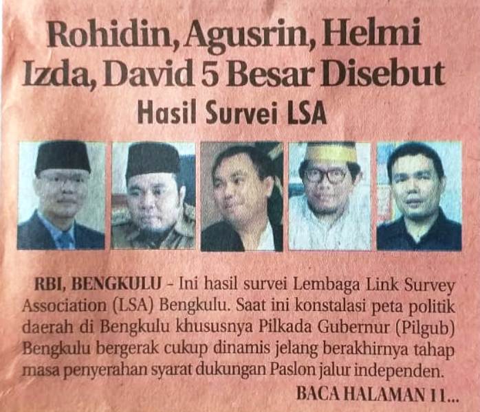 Rohidin, Agusrin, Helmi Izda, David 5 Besar Hasil Survei LSA