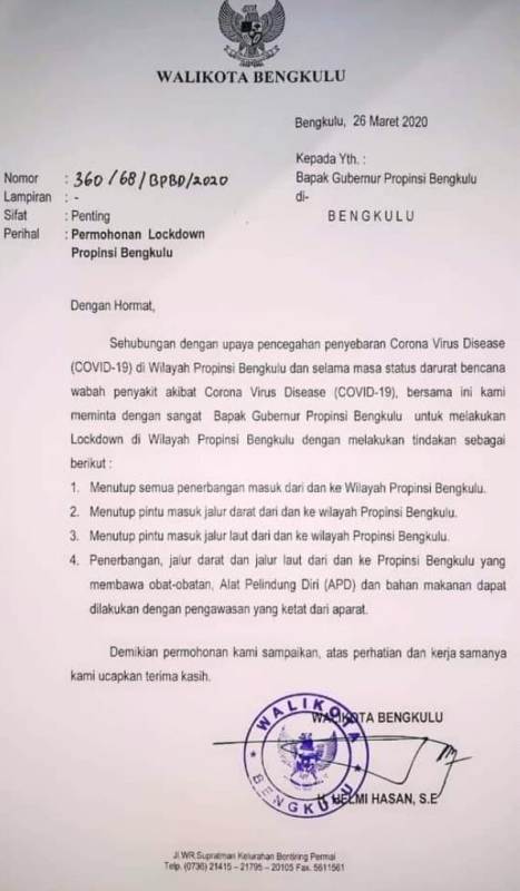 Usul, Walikota Bengkulu Minta  Gubernur Terapkan Lockdwon