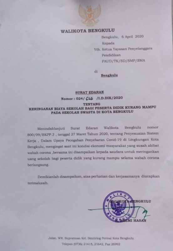 Surat Cinta Walikota untuk Ketua Yayasan Pendidikan Swasta di Kota Bengkulu