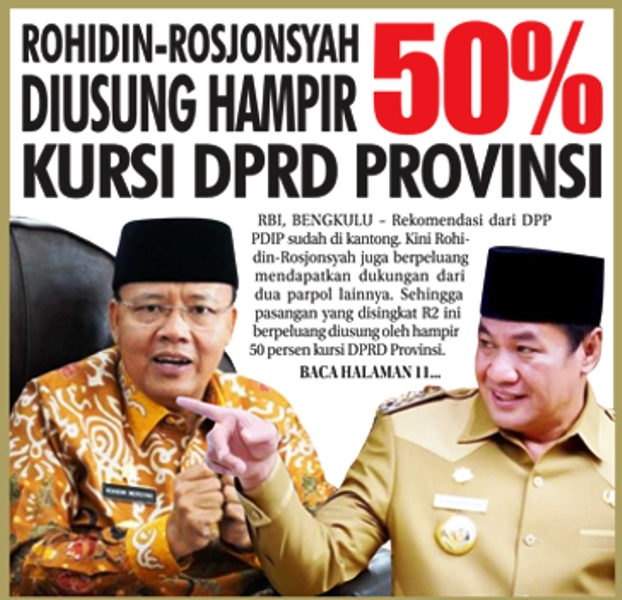 Rohidin-Rosjonsyah Diusung Hampir 50% Kursi DPRD Provinsi