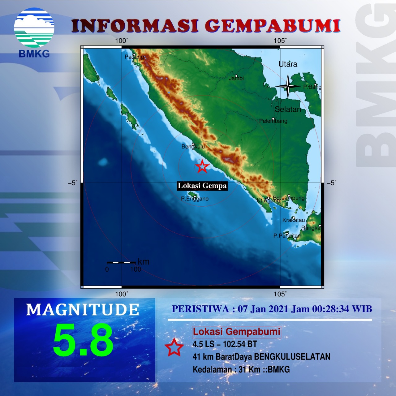 Gempa 5,8 SR, Bangunkan Warga Bengkulu Tengah Malam