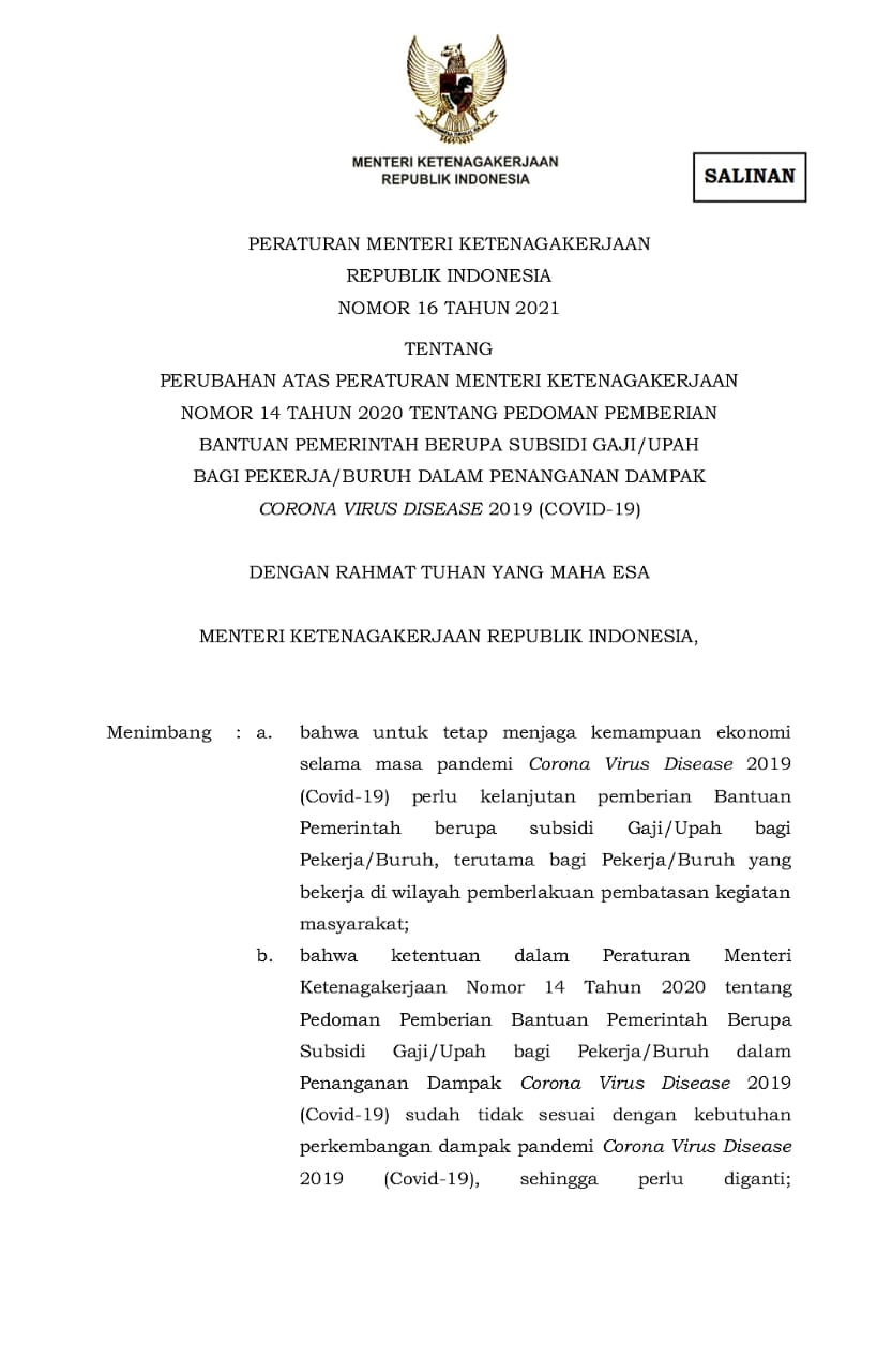 Peserta BPJS Ketenagakerjaan di Wilayah PPKM Level 3 – 4 akan Mendapat Bantuan Subsidi Upah