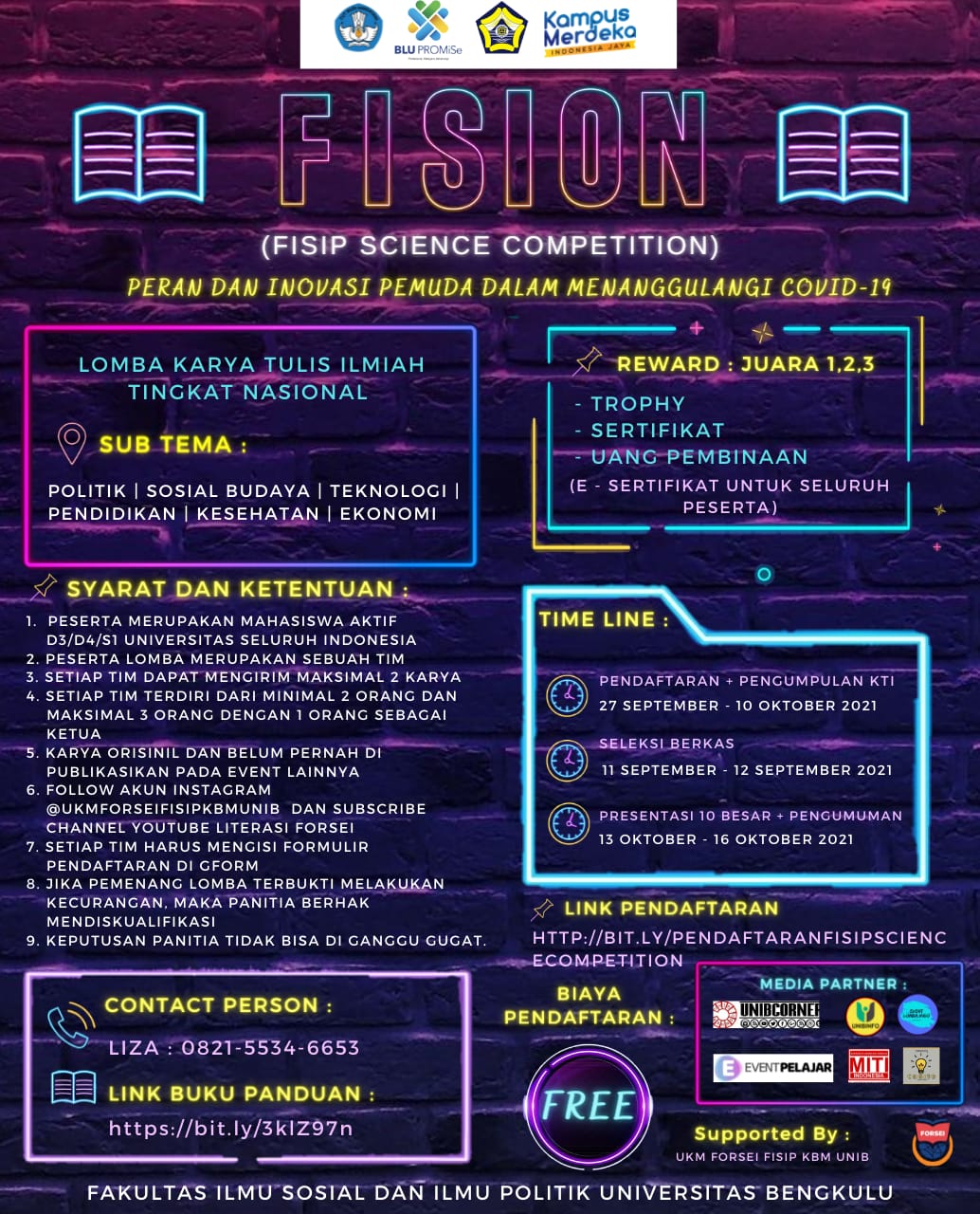 Pendaftaran Peserta LKTI FISION FISIP Unib Sampai 10 Oktober 2021