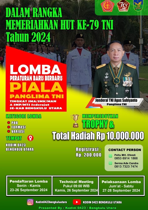  Siapkan Hadiah Sepuluh Juta Rupiah, Kodim 0423 Bengkulu Utara Gelar Lomba PBB  Tingkat Pelajar