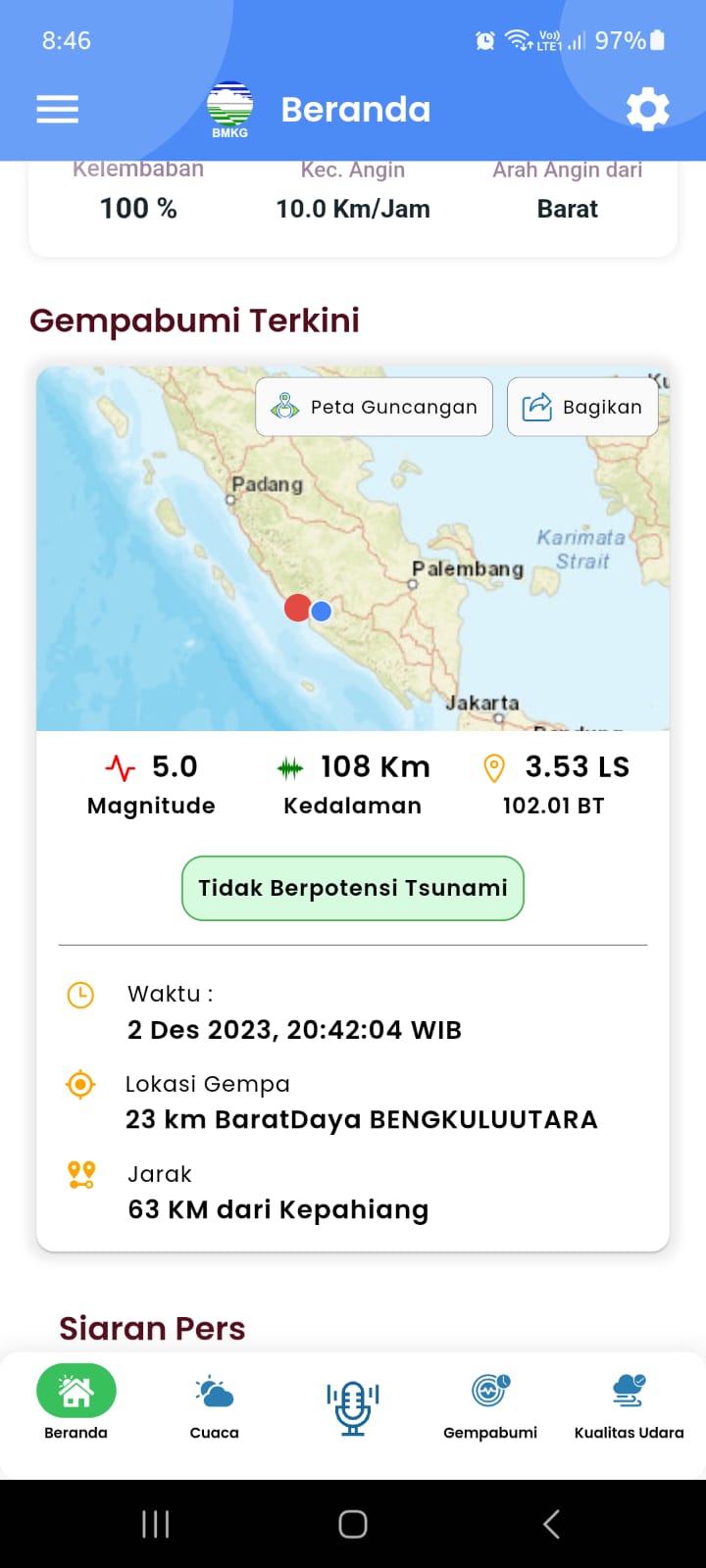 BREAKING NEWS: Gempa Bumi Tektonik Terjadi di Pantai Barat Bengkulu Utara