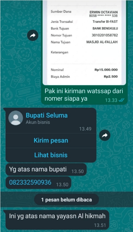 Astaga! Makin Berani Aja, Ini Nomor  WA Yang Mengaku Bupati Seluma