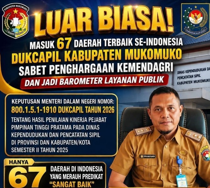 Dinas Dukcapil Mukomuko Terima Penghargaan Dari Kemendagri 