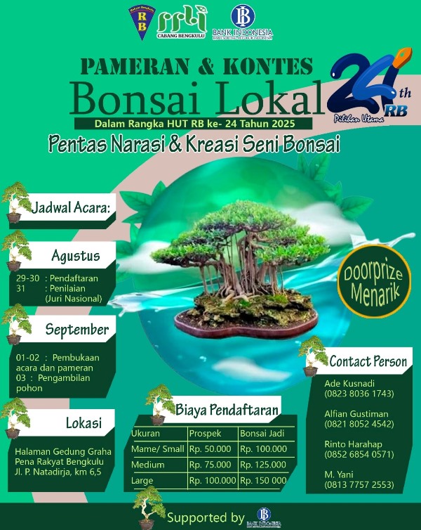 Ayo Daftarkan Bonsai Anda Sekarang, PPBI-Rakyat Bengkulu Gelar Pameran dan  Kontes Bonsai Lokal 