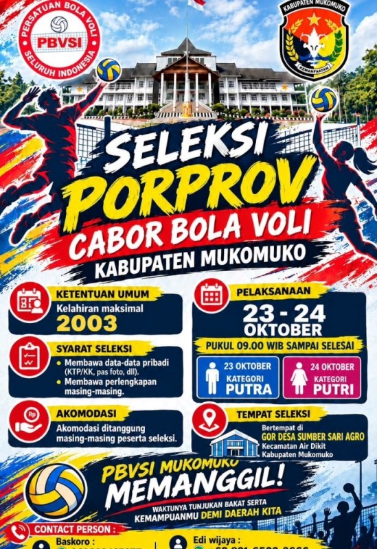 Silahkan Ikut, Seleksi Porprov Cabor Bola Voli Di Mukomuko Digelar 23-24 Oktober 2026