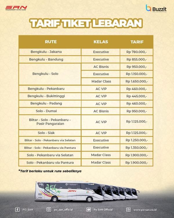 Siap Mudik,  Ini Daftar Tarif Tiket Lebaran PO SAN Sudah Rilis
