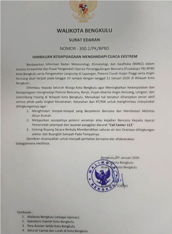 Kota Bengkulu Terbitkan Surat Edaran Kesiapsiagaan Bencana