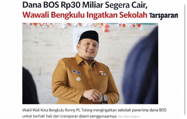 Dana BOS Rp30 Miliar Segera Cair, Wawali Bengkulu Ingatkan Sekolah Transparan