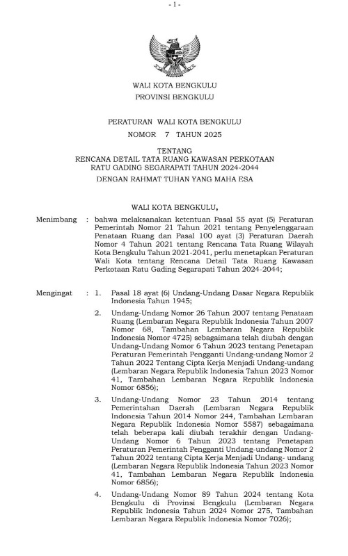 Walikota Terbitkan Perwal No. 7  Tentang  Kawasan Perkotaan Ratu Gading Segarapati
