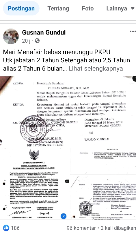 Heboh, Beredar Postingan Gusnan Mulyadi Terkait Masa Jabatan Dirinya,Simak Yuk