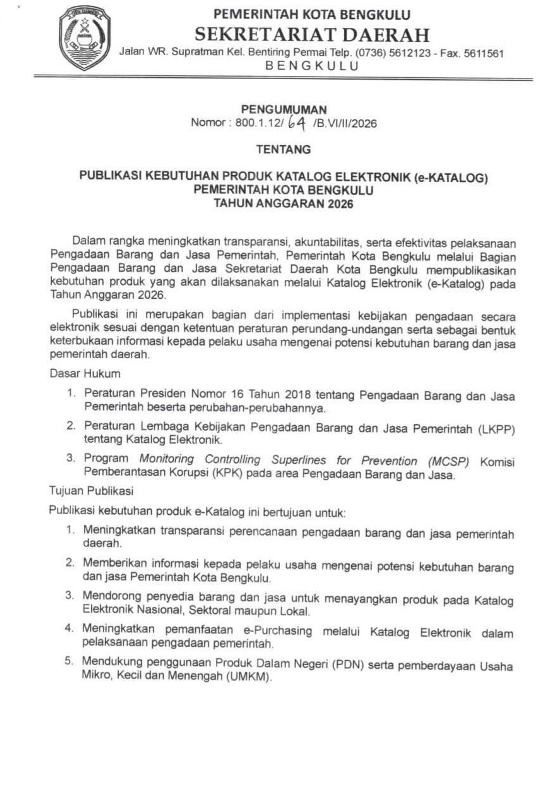  Pemkot Bengkulu Ajak Pengusaha Lokal Unjuk Gigi di e-Katalog 2026