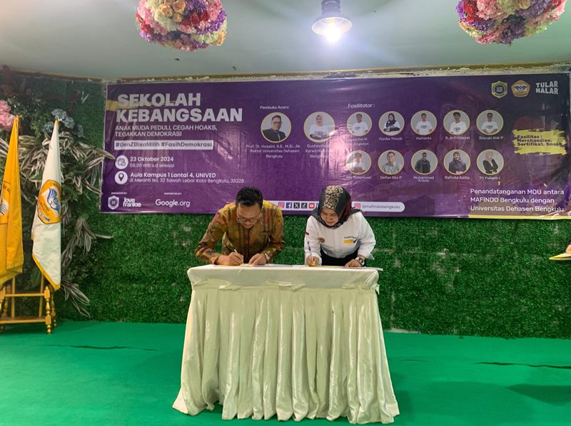 Sekolah Kebangsaan,  Universitas Dehasen   Tandatangani MoU  Bersama Mafindo Bengkulu 