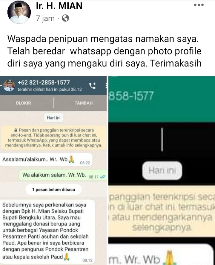 Oknum Penipu Gunakan Foto  Bupati Mian Untuk Cari Mangsa