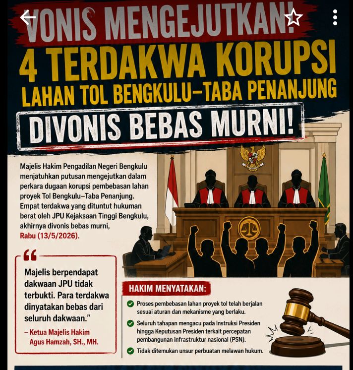 Vonis Bebas 4 Terdakwa Kasus Lahan TOL Bengkulu - Penanjung
