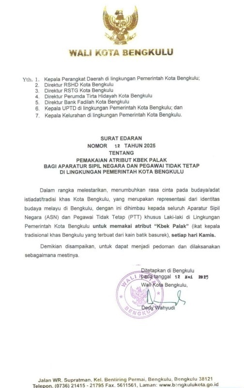 Setiap Hari Kamis ASN  Laki-Laki Diimbau Untuk Memakai Kbek Palak