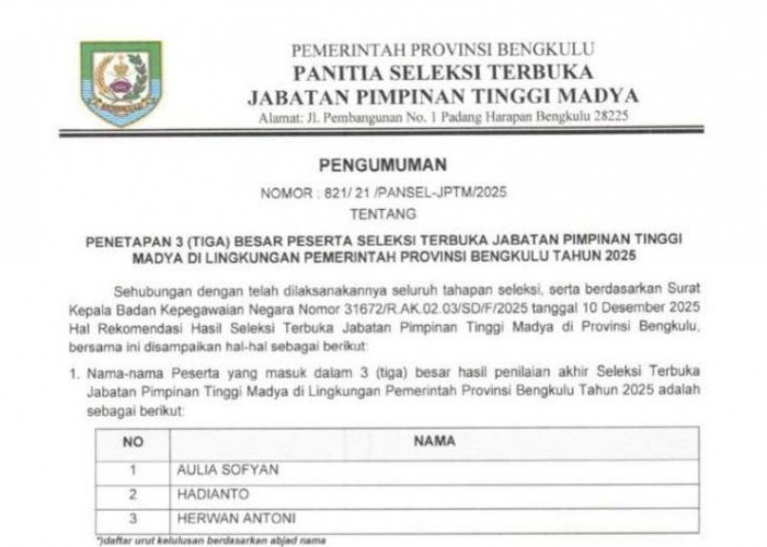 Ini Dia  3 Besar Peserta yang Lolos Tahap Akhir Seleksi  Terbuka JPTM Provinsi Bengkulu