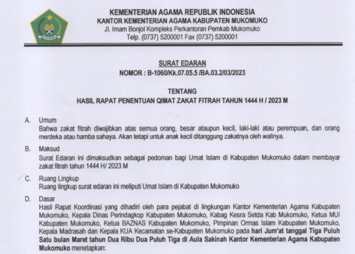 Ada 3 Varian Zakat Fitrah Tahun 1.444 Hijriah Berdasarkan SE Kantor Kemenag Mukomuko