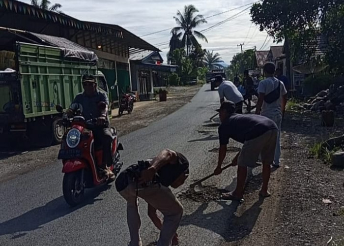 Momen HUT ke-22 Kabupaten Mukomuko, Warga Penarik Perbaiki Jalan Berlubang Secara Swadaya 