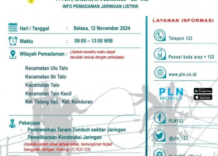 Pemeliharaan Konstruksi Jaringan, Listrik Padam Selama 4 Jam di Lima Wilayah Kecamatan Ini