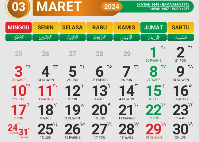 Menjelang Ramadhan, Berikut Tanggal Merah di Kalender Bulan Maret 2024