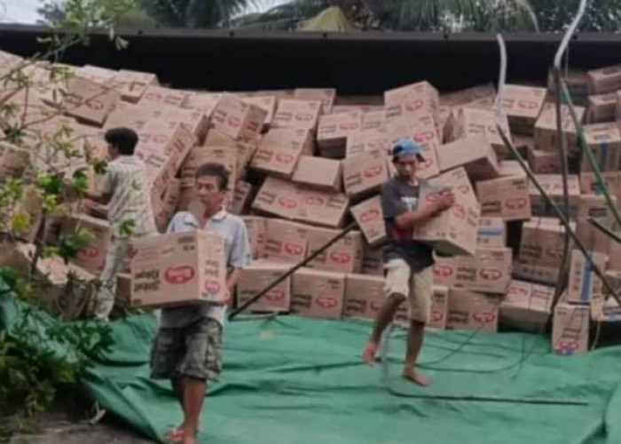 Melaju ke Kota Bengkulu, Truk Fuso Bermuatan Biskuit Terbalik di Bunga Mas