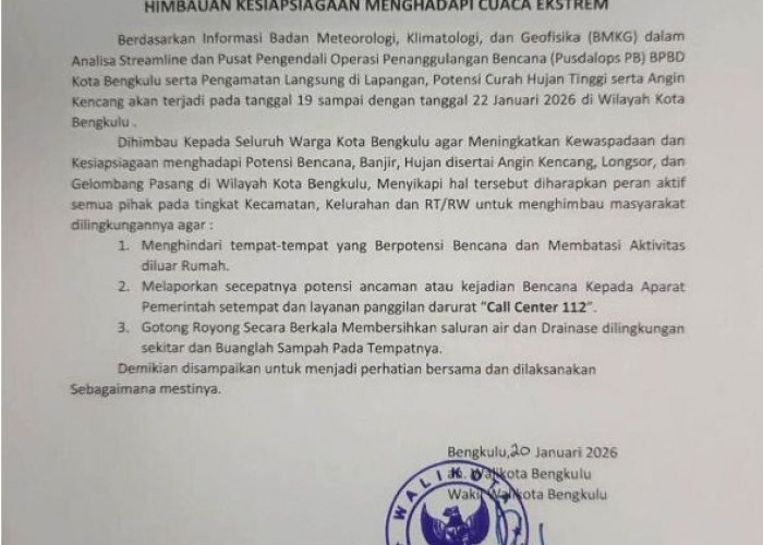 Kota Bengkulu Terbitkan Surat Edaran Kesiapsiagaan Bencana