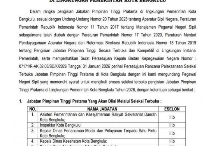 Ini Persyaratannya, Pemerintah Kota Bengkulu Buka Seleksi Terbuka 10 Posisi Jabatan Eselon II.b 